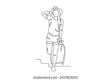 Una mujer va de camino a un lugar de vacaciones. Viaja con un dibujo de una línea. Recorrido de una línea de viaje