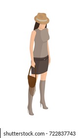 Woman on high heels, in short skirt and sleeveless t-shirt vector illustration. Student or college girl cartoon character isolated on white background