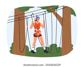 Mulher em curso de corda alta. Menina andando em ponte suspensa entre árvores, balanceando em obstáculo ao ar livre. Recreação, entretenimento na natureza. Ilustração de vetor plano isolada no plano de fundo branco