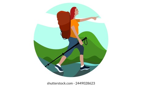 woman on a hike, flat color illustration