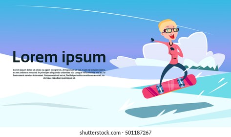 Woman On Hold Snowboard Winter Activity Sport Vacation Snow Mountain Slope Flat Vector Illustration