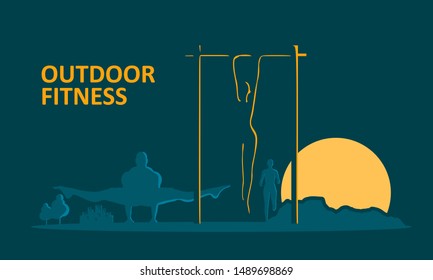 Woman on horizontal bar and mountains. Sunrise landscape. Sport and recreation concept. Outdoor fitness text