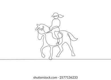 Woman on Horse Continuous One Line Drawing. Woman Jokey and Horse One Line Vector Illustration. Minimal Trendy Design for Vet Design, Social Media, Posters, Invitations, Branding. Not AI