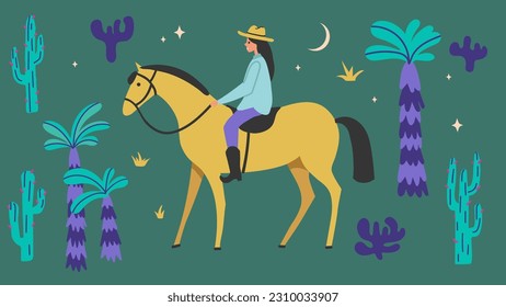 Woman on a horse and palms. Rider. Vector illustration