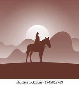 woman on horseback in brown gradient shade nature background illustration vector.