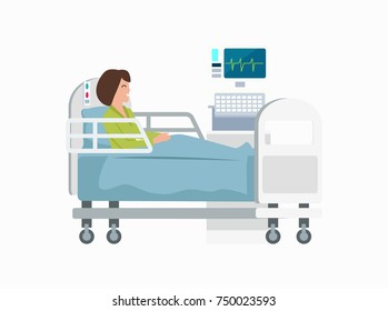 Woman on hospital bed with electrocardiogram equipment with heart pulse on monitor standing near to bed. Vector illustration of patient isolated on white