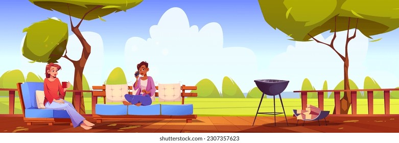 Woman on house backyard terrace sitting near bbq. Suburban back yard outside patio with chair, barbeque and sofa furniture illustration. Friend outdoor leisure chill and talking on phone in summer.