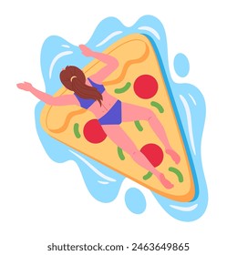 Mujer en colchón inflable. Niña nadando en pizza en forma de juguete inflable en la piscina o Ilustración vectorial de mar. Personaje femenino que se relaja en el colchón de goma de la pizza