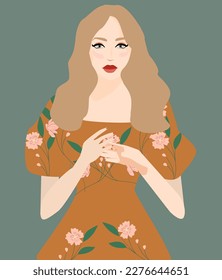 A woman on an isolated background in stylish accessories. Fashionable earrings and necklace. A woman with long hair in a red evening dress flowers. Bright business lady with red lipstick. Woman spring