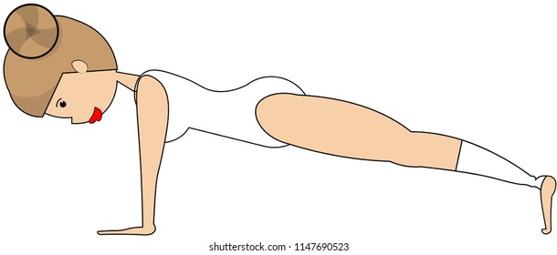 A woman on an isolated white background is doing sports in a white swimsuit.
