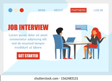 Woman on a job interview vector isolated. Design of the web banner, web page template. Business people, candidate for a job. HR at computer, office work. Recruitment manager.