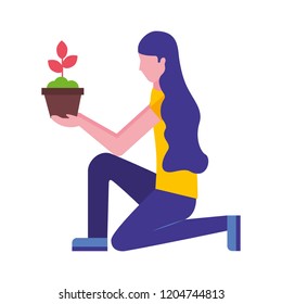 woman on the knee holding pot flower