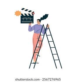 Woman on Ladder with Clapperboard at Shooting Film Movie Production Scene Vector Illustration