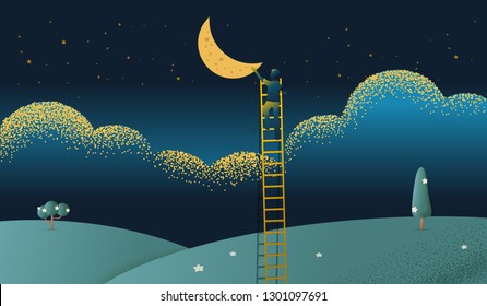 Woman on a ladder reaching up to reaching moon with star against on night scene beautiful horizontal Nature landscape, frame and space on sky background Vector texture style concept illustration