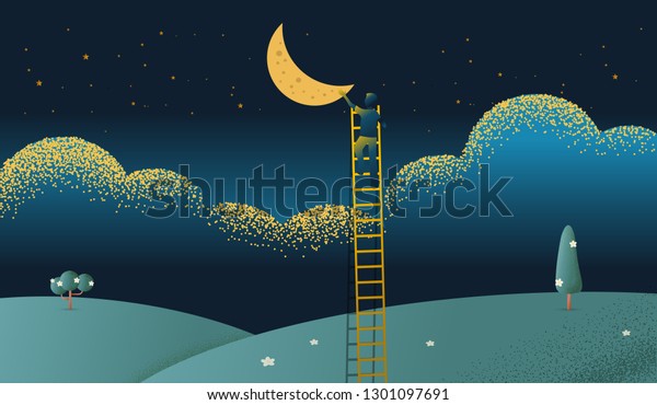 夜景に美しい水平自然の風景 フレーム 空の背景に星を持つ月に届くはしごの上の女性空の背景ベクターテクスチャスタイルコンセプトイラスト のベクター画像素材 ロイヤリティフリー