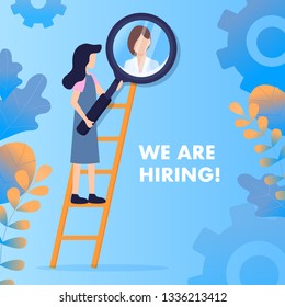 Woman on Ladder Zoom Girl Avatar with Magnifier. Female Character Hold Magnifying Glass. Social Media Profile Analyze Hiring Personnel. Candidate Headshot. Flat Cartoon Vector Illustration