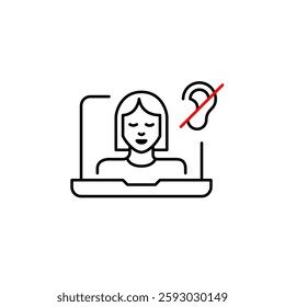 Woman on laptop and ear crossed. User audio muted. Pixel perfect, editable stroke vector icon