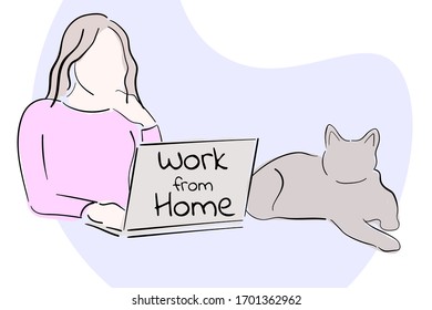 Woman on laptop at home. Social distancing concept. Stay home and work from home. COVID-19 coronavirus. Template for background, banner, poster with "Work from home", text inscription. Vector EPS10 illustration.