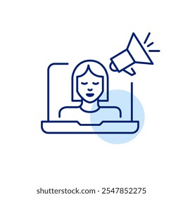 Woman on laptop and megaphone. Digital marketing expert. Personal branding and self-promotion, hiring for freelance jobs. Pixel perfect, editable stroke icon