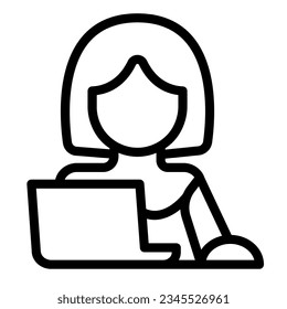 Mujer en portátil con ratón, icono de línea freelancer, concepto de trabajo y estudio, signo de vector estudiante sobre fondo blanco, símbolo de contorno de diseño web de concepto móvil. Gráficos vectoriales.