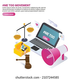 Woman on laptop working on metoo campaign isometric 3d vector concept for banner, website, illustration, landing page, flyer, etc.