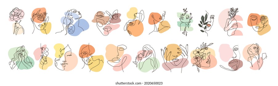 Woman on lines style hand drawing set. Women drink wine. Abstract woman body. Female with a flower on a had One line drawing style concept. Young romantic couple in one-line style. Vector illustration