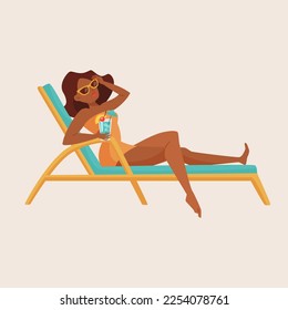 Woman on lounger with drink vector illustration. Cartoon drawing of girl in swimsuit with cocktail isolated on beige background. Summer, vacation or holiday, outdoor activity concept