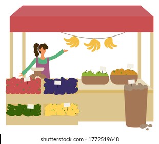 Woman on marketplace, table with libra, vegetables and fruit. Shopping products, banana and apple, tomato and zucchini, cucumber and bell pepper vector