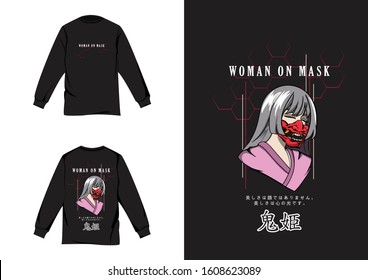 Woman On Mask Design For Longsleeve Streetwear, Japanese Translation : Kimono Girl Wearing Oni Mask