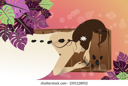 Woman on massage therapy bad with flower on her hair, spa therapy, relaxation with warm stones, with palm leafs. Creative realistic beautiful young lady elegant vector illustration for web and print