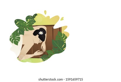 Woman on massage therapy bad with flower on her hair, spa therapy, relaxation, with palm leafs. Creative realistic beautiful young lady elegant vector illustration for web and print