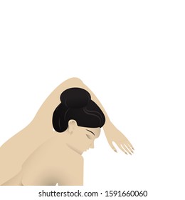 Woman on massage therapy, relaxation with warm stones, with palm leafs. Creative realistic beautiful young lady elegant vector illustration for web and print