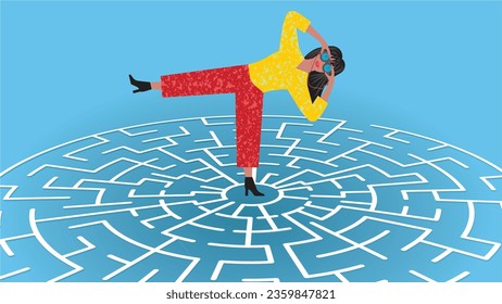 Woman on maze board, labyrinth, searching with binoculars. Dimension 16:9. Vector illustration.