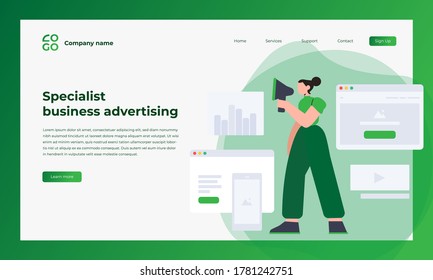 Woman on megaphone. Web design templates for business advertising, digital marketing, teamwork, business strategy and analytics. Modern vector illustration concepts for website and mobile website development.