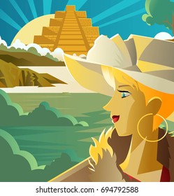 woman on mexican aztec temple in mexico