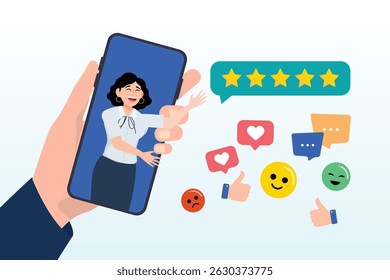 Woman on mobile giving experience rating, customer experience, CX or UX user experience, feedback or comment, opinion on product and service, user satisfaction positive or negative feedback concept
