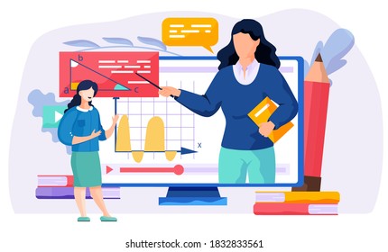 Woman on the monitor explains new topic. Online lesson. A female teacher stands next to a computer screen and describes a video to students. Geometry learning vector illustration. Math class