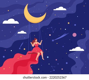 Woman on moon swing. Girl imagine journey in sleep dream, swinging lonely dreamer surreal space flying of beautiful princess bedtime or midnight fairy night vector illustration of girl on moon