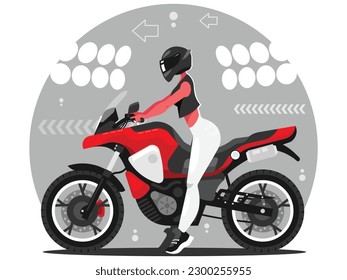 Mujer en moto. Una chica se sienta en una bicicleta. Motocicleta deportiva. Gráficos vectoriales