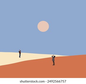 Woman on mountain taking photo with smartphone of evening sky with moon. Dramatic sky. Minimalism art design.   