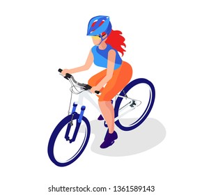 Woman On A Mtb Bike. Weekand Activity. Girl Cyclist. Isometric Flat Illustration