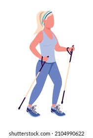 Woman on nordic walk semi flat color vector character. Active figure. Full body person on white. Exercising outdoor isolated modern cartoon style illustration for graphic design and animation