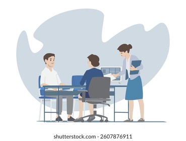 woman on office environment have discussion sitting in front of her customer service client next to coworker hand a document standing next to her boss with grey background