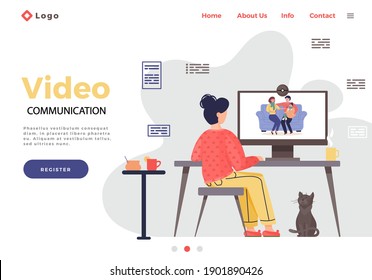 Woman on online video conference. Parents give medicine to sick child. Treatment process concept. Female character drinks tea with honey and lemon and looking at monitor. Mom holds out potion to girl