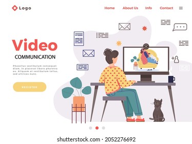 Woman on online video conference in social distancing. Parents give medicine to sick child. Female character at home treating and communicating on quarantine. Mom holds out spoon with potion to girl