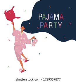 Woman on pajama party. Flat vector illustration on white background. 