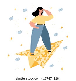 Woman On Paper Money Plane. Girl Making Money And Reach Financial Success. Personal Finance, Investments, Personal Capital, Financial Goals, Financial Growth Concepts. 