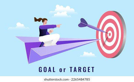 Woman on paper plane flying to dart board. Success business manager. worker focus flying with paper air plane into target dartboard. focus on target design vector illustration.