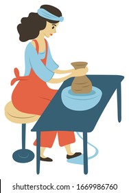 Woman on pastime vector, isolated female sitting by spinning table. Pots made of clay lady at home wearing apron, product handmade production flat style