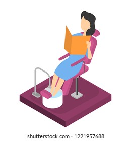 Woman on a pedicure spa procedure sitting in a chair and relax. Foot bath and bodycare. Beauty salon concept. Isolated vector isometric illustration